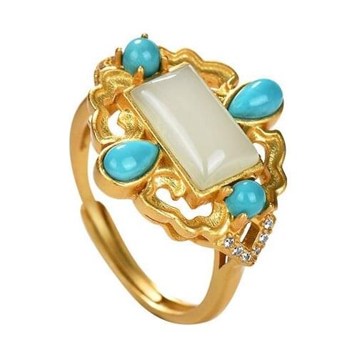S925 sterling silver gold plated Hetian jade Turquoise Ring Personality Hollow out Irregular Ladies Open ring