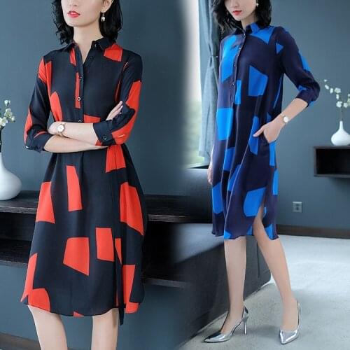 Autumn Dresses Real Silk Dress Women Print Clothes 2018 New Pattern Half Sleeves Casual Costumes Office Lady Dresses