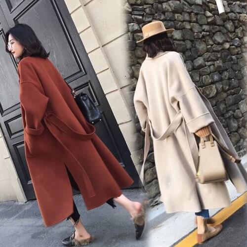 Oversized Autumn Winter Wool Woolen Coat 2019 Hot Sale Casual Plus Cotton Winter Coat Women Belt Maple Red Temperament Coat 1719