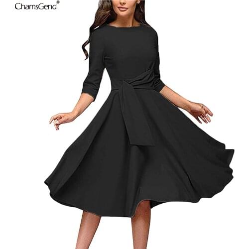 Elegance Dress Women Robe Round Neck 3/4 Sleeve Vintage Dress Evening Swing Party Dresses Tunic Vestidos Women Clothing