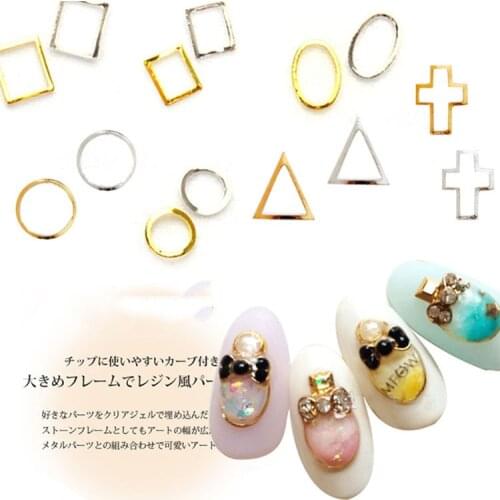 100pcs 3D Hollowout Gold Metal Oval Circle Rect/Triangle Frame Nail Art Decorate Gold/Silver Color Rivet Punk Nailart Supply