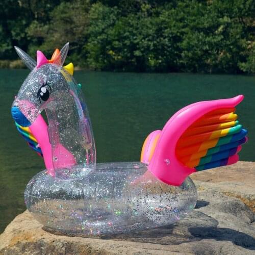 180cm Inflatable Holographic Glitter Unicorn Pool Float Transparent Rainbow Pegasus Horse Swimming Ring Adult Kids Water Fun Toy