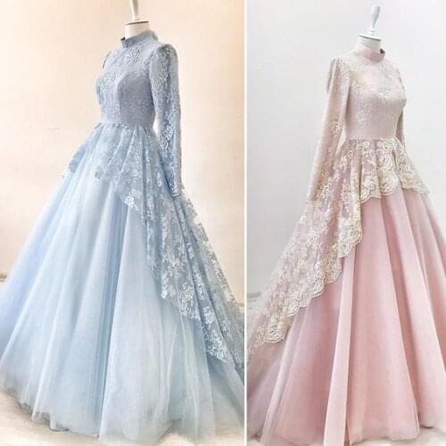 Ball Gown Lace Tulle Long Sleeve Muslim Prom Dress 2021Saudi Arabic Evening Formal Party Gowns платье robe de soirée