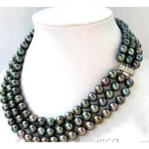 Free shipping 3 row 7-8MM Black akoya Cultivation Pearl Necklace 17-19"