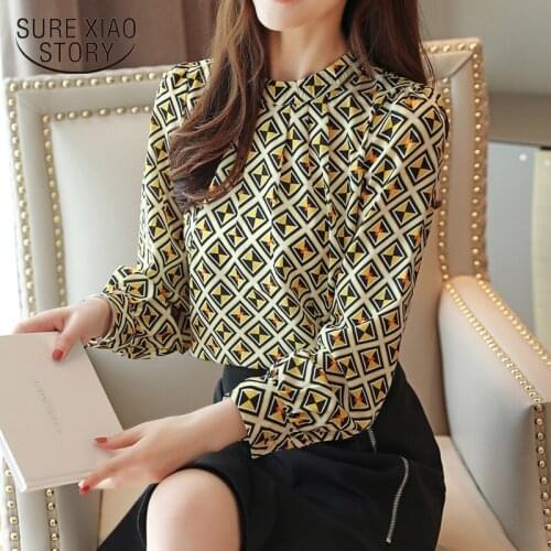 Autumn Women Blouses Korean Fashion Casual Long Sleeve Chiffon Blouse Women Print O-neck Blouse Yellow Black Ladies Tops 6053 50