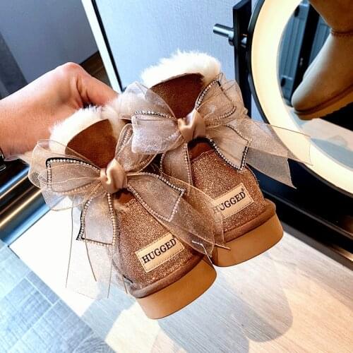 Brand Snow Boots Women Ribbon Bow Water Drill Waterproof Cotton Shoes Women Winter Warm Flat Bottom Lovely Short Boots