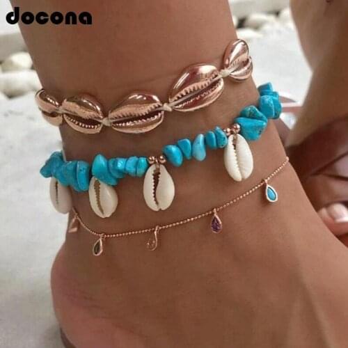 Docona Beach Boho Green Stone Sea Shell Colorful Crytal Beaded Anklet Bracelet Set for Women Charm Barefoot Jewlery Gift 7073