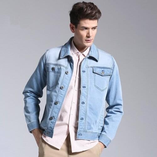 2020 light blue turn down collar denim jacket men single breasted pockets jean jacket for men Stretch denim casual jacket male