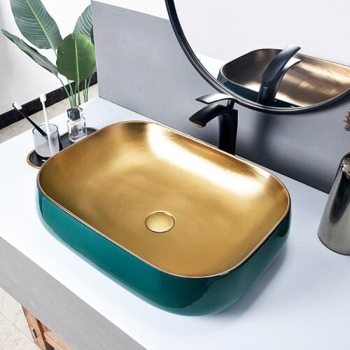 Oval gold with green Europe Vintage Style Ceramic Washing Basin Bathroom Counter top Bathroom Sink hand wash basin