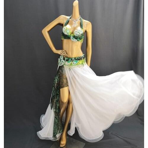 New Adult Women Stage Performance Gorgeous Belly Dance Costume 3pcs Set Handmade Beaded Sequins Performance Show Suit outfit