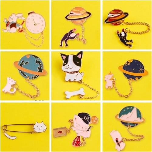 Metal Chain Series Badge On Clothes Pin Planet Brooch Puppy Cat Astronaut Airplane Love Ship Book Girl Metal Enamel Brooch Badge