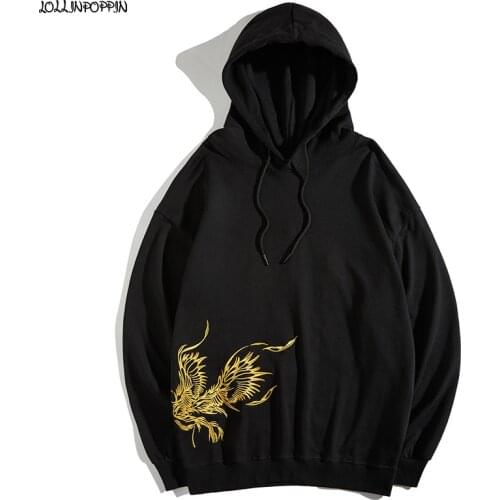Phoenix Embroidery Men Casual Hoodies 2021 New Hooded Sweatshirts Chinese Style Mens Loose Pullovers Black / White