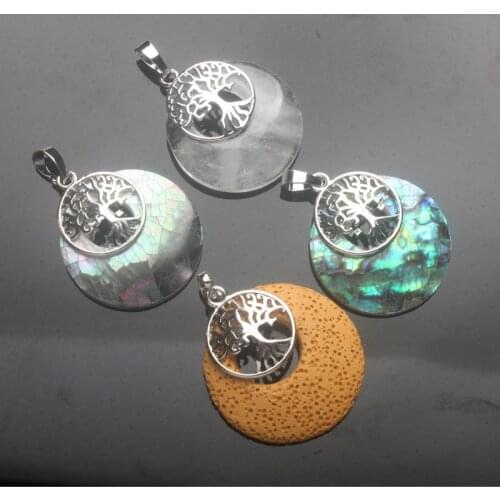 New Shell Clear Crystal Quartz Volcanic Stone Donut Coin Round Reiki Healing Pendantlian Chakra Tree Pendant 1PCS（No chain