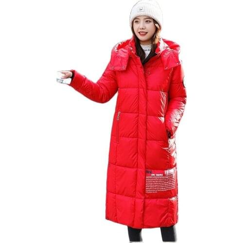 New Shiny Winter Jacket Women 2021 Fashion Long Black Coat Thick Hooded Parka Woman Printing Color Spelling Cotton Coat Women