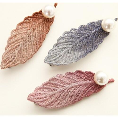 New Fashion Leaf Shape Hair Clip Headwear Barrettes Retro Imitation Pearl Cloth Leaves Hairpin Hair Accessories For Woman