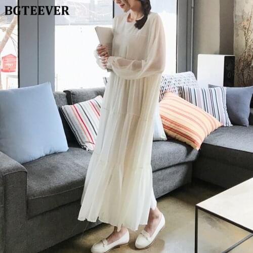 BGTEEVER Elegant Loose White Chiffon Women Dress 2020 Spring Full Sleeve Pleated Female Dress Korean O-neck Midi Vestidos femme