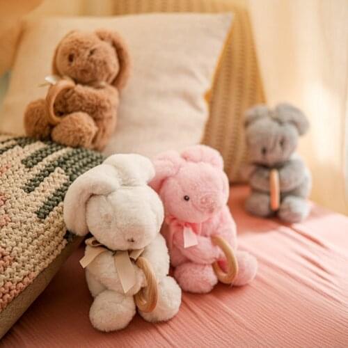 20CM Cartoon Animal Plush Toy With Wooden Ring Plush Dolls Toys Gift Baby Soothing Dolls Childrens Birthday Gifts