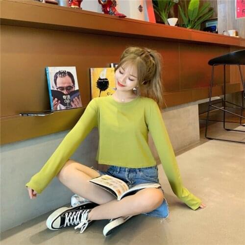 Spring-autumn womens long-sleeved short cropped black bottoming shirt sexy high waist loose pullover sun protection t-shirt