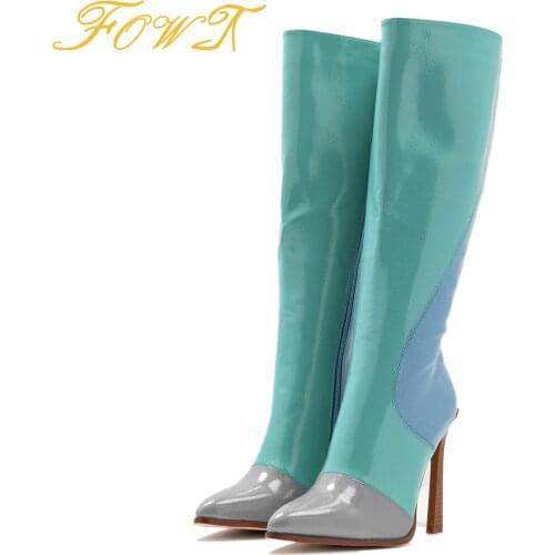 Multi-Color High Quality Patent Keen-High Womens Autumn Boots New 2021 Strange Style Pointed Toe Zipper Ladies Booties 42 FOWT