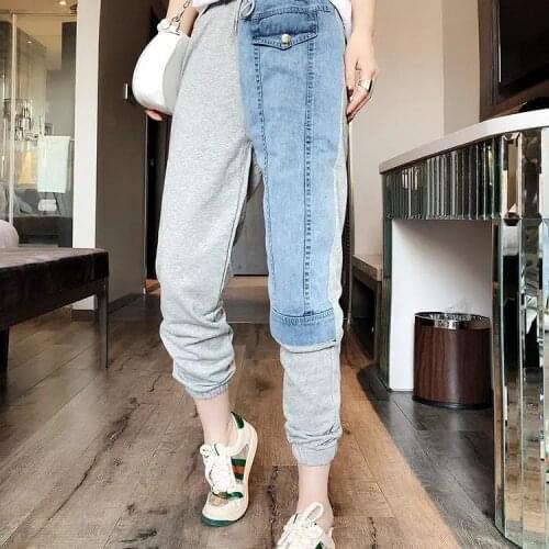 Women Fashion Contrast Loose Jogging Pants Autumn High Waist Sport Trousers Female Denim Patchwork Ankle-length Casual Pants