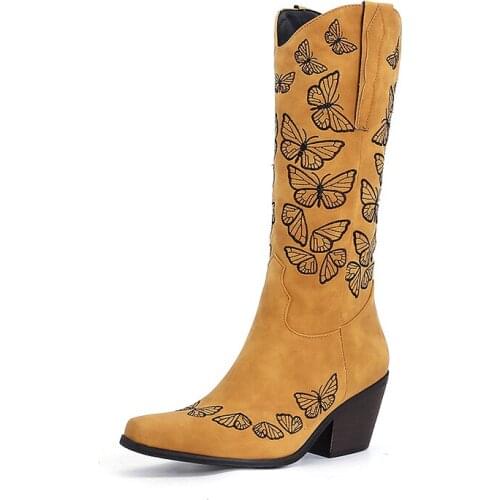 YMECHIC Nude Suede Embroidered Butterfly Yellow Tan Boots Women Pointy Toe Hoof Heels Autumn 2021 Mid-calf Botas Knight Western