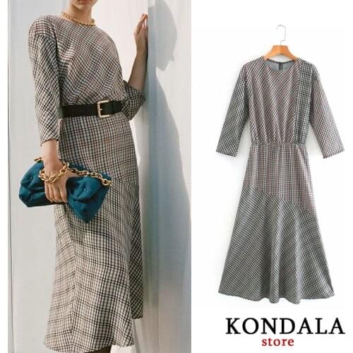 Women Dress Plaid Print Office Lady O-neck za Dress Long Sleeve A-line Elegand Style Dresses Mid-calf Female Autumn Vesitods