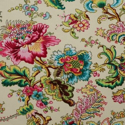 1 yard Cotton Canvas Fabric for sewing, pathwork, bag, curtain, hadmaking - Flowers and Leaves on Light Yellow (width=145cm)