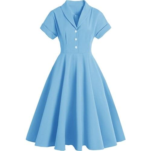 2021 Solid Color Women Party Tunic Dress Summer Hepburn Vintage Sundress Turn Down Collar 50s Rockabilly Tunic Party Dress Sexy