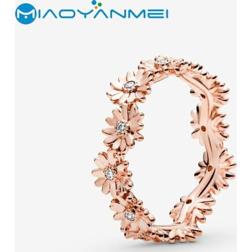 925 Sterling Silver Rings 2020 Spring Pave Sparkling Daisy Flower Rose Golden Color Ring Flower Petals Band Ring Fashion Jewelry