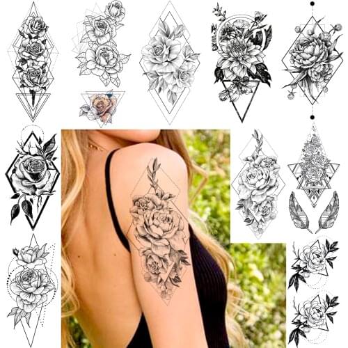 Diamond Diamond Rose Tattoos Temporary Chrysanthemum Flower Arm Tattoo Sticker For Women Floral Body Leg Art 3D Tatoo Decortaion