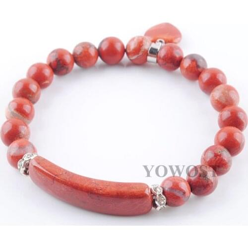 Natural Stone Beads Red River Jaspers Strand Bracelets Bangles Heart Shape Silver-color Fitting Women Jewelry Love Gifts QK3321