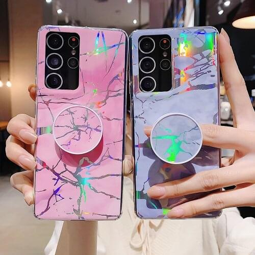 Colorful Bronzing Laser Marble Case With Holder For Samsung S21 S20 Ultra S10 Plus Note 20 10 Plus A70 A50 Soft IMD Crack Cover