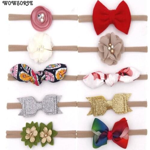 Baby Headband Set fashion cute Nylon Hair Band Newborn Elastic Bow Chiffon Flowers Fabric Children Hair Accessories 10pcs/set