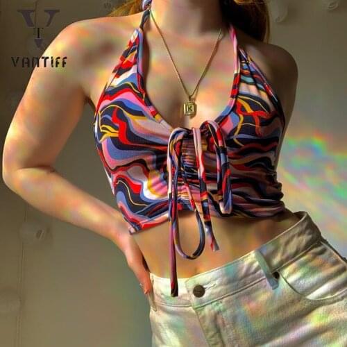 Women Bodycon Tank Sexy Crop Tops Female Open-back Sling Shirt Top Water Ripple Rope Milk Wire Hanging Neck Small Vest for Girl