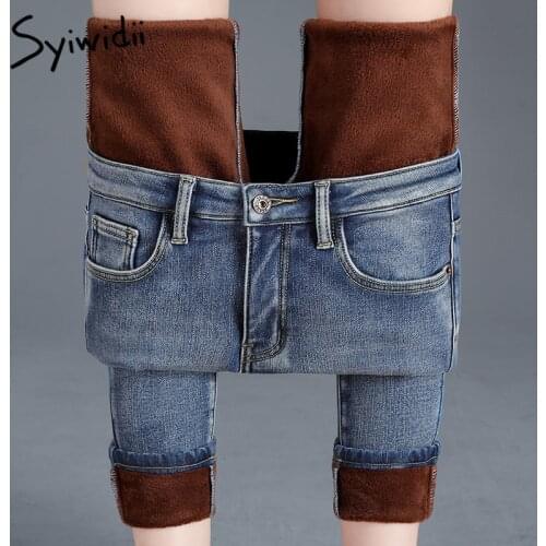 Fleece jeans woman denim pants high waist Pencil Pant stretch warm Vintage Bleached Washed Coated jeans 2020 street