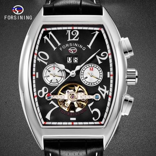 FORSINING Tourbillon Male Watch Black Silver Mens Clock Leather Strap Number Style Business Men Wristwatch 2020 Newest