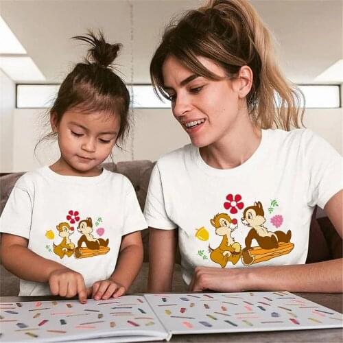 Chip And Dale Mother Daughter T-shirts Summer Family Matching Outfits Mom Baby Mommy and Me Tee-shirt Clothes Woman GirlsTops