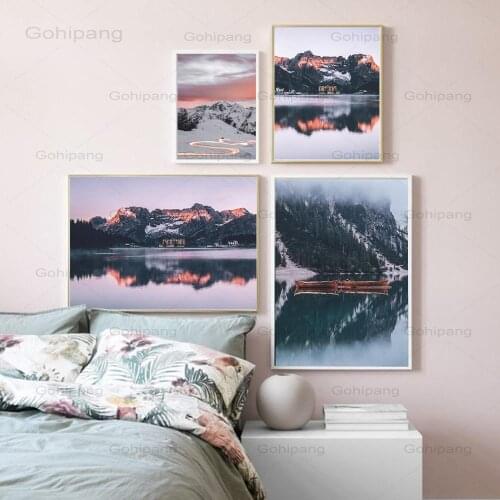 Canvas Painting Snow Mountain Forest Lake Scandinavian Wall Art Nordic Posters and Prints Wall Pictures for Living Room Decor