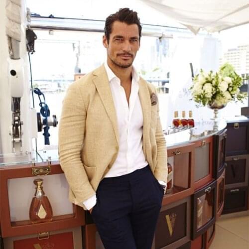 ANNIEBRITNEY Beige 2 Piece 2020 Summer Linen Casual Suit With Dark Blue Pants Summer Beach Groom Wedding Tuxedo Casual Men Suits