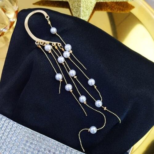 Minar Creative Baroque Pearl Long Tassel Ear Pendant Clip Earring Punk Drop Dangle Ear Cuff Earring for Women Elegant Jewelry