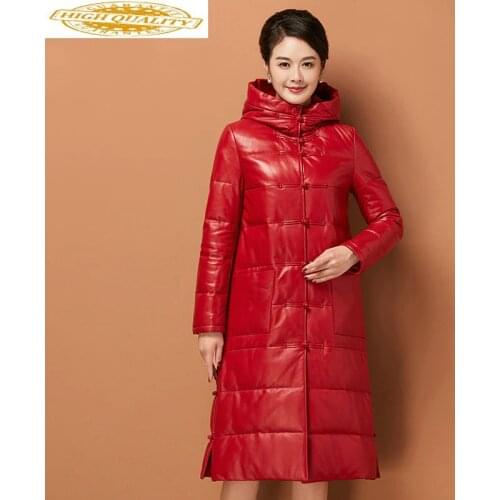 Autumn Winter Genuine Leather Jacket Women Red Female Down Jacket Long Coat Sheepskin Leather Hooded Overcoat KJ743