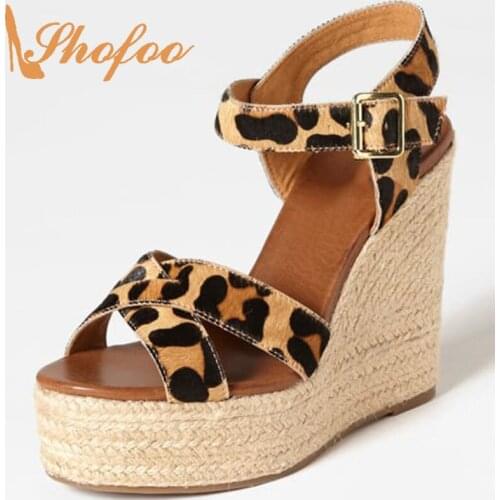 Leopard Super High Wedges Heels Casual Shoes Woman Ladies Sandals Summer Concise Mature Buckle Strap Large Size 15 16 Shofoo