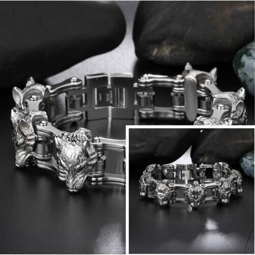 New Fashion Stainless Steel High Quality Motorcycle Chain Biker Lion/ Wolf Heads Charms Mens Bracelet 22mm 8.26'' Heavy Huge