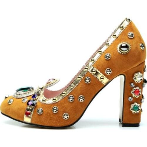 2018 Spring Fall Hot Sale New womens suede metal beading and emerald inlay high heels fashion thick heel shallow mouth shoes