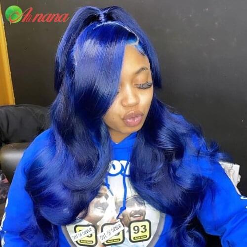 Alinana 13x4 Lace Frontal Wigs Blue Color Body Wave Human Hair Wigs For Black Women Lace Closure Wig Bleached Knots Pre-Plucked