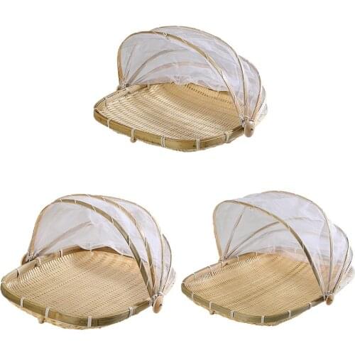 Hand-woven Bug-proof Picnic Storage Organizer Basket With Gauze Dustproof Food Fruit Vegetable Bread Basket Covers Home Tools