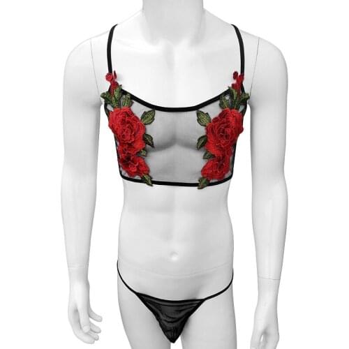 Sexy Embroidery Mens See Through Sheer Mesh Lace Lingerie Set Nightwear Shoulder Straps Bra Top Thongs Sissy Erotic Underwear