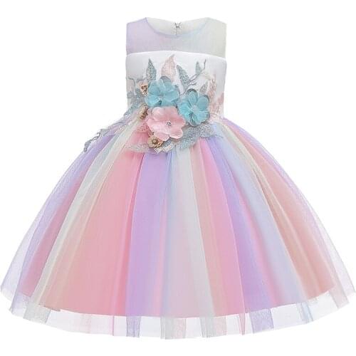 Mesh Flower Tutu Dress Rainbow New Year Costume Vening Party Dress Girl Kids Dresses for Girls Multicolor Childrens Clothing