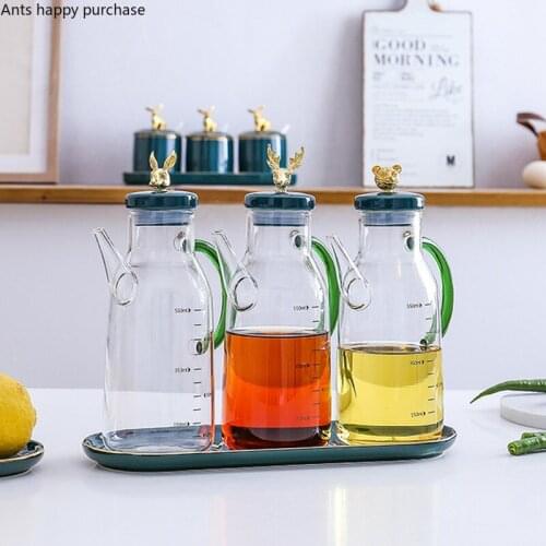 Glass Animal Oiler Transparent Anti-leak Oil Bottle with Scale Home Kitchen Supplies Oil/soy Sauce/vinegar Pot Four Piece Set