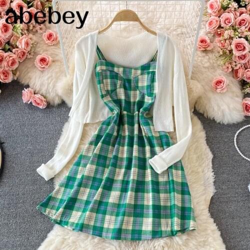2021 New Spring Autumn Korean long sleeve knitted cardigan Top + high waist pleated Plaid print short strap Dress two piece set